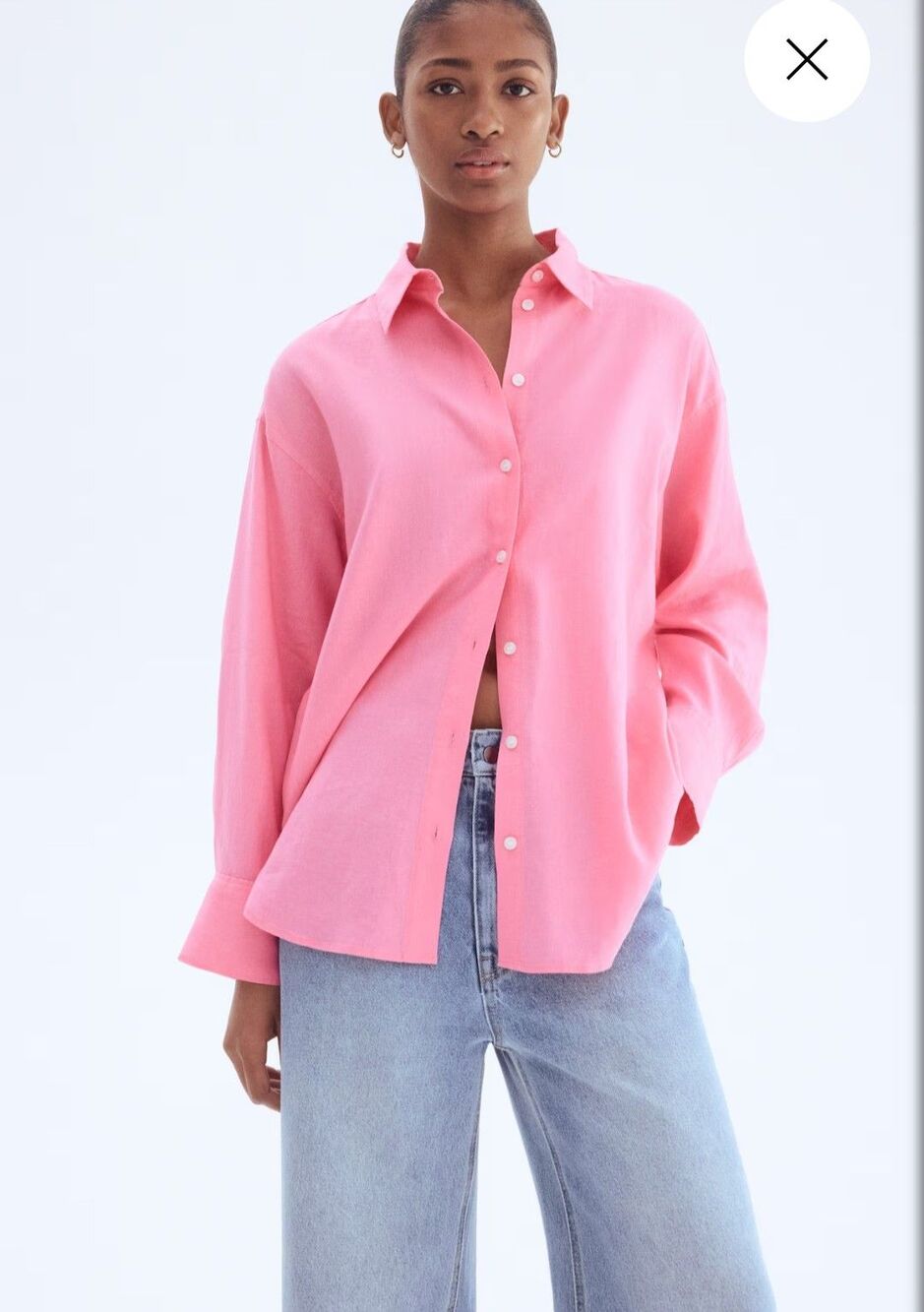 H&M HM Linen Blend Button Down Shirt XS Pink Oversized Lagenlook Beach Coverup